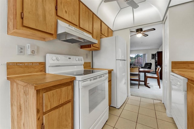 kitchen featuring ceiling fan, white appliances, and light tile patterned flooring