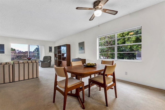 dining room featuring ceiling fan, carpet, and a textured ceiling