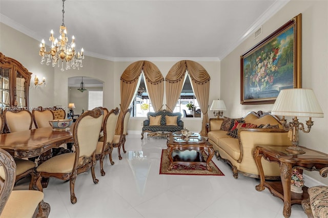 living area featuring ornamental molding and light tile patterned flooring