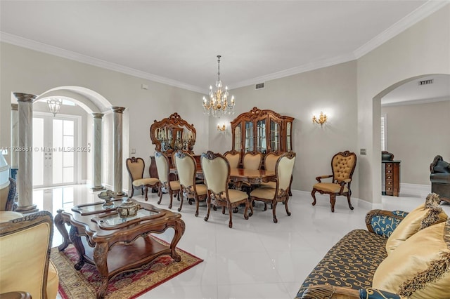 living area with ornate columns, an inviting chandelier, light tile patterned floors, and crown molding