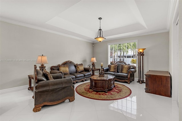 living room featuring a raised ceiling, light tile patterned flooring, and ornamental molding