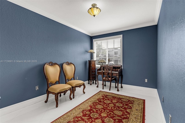 living area featuring tile patterned flooring and ornamental molding