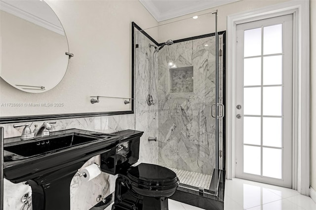 bathroom with walk in shower and ornamental molding