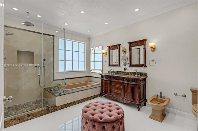 bathroom featuring tile patterned flooring, vanity, ornamental molding, a bidet, and independent shower and bath