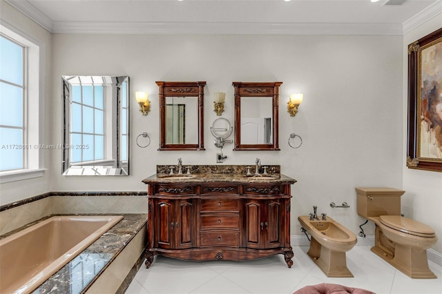 bathroom featuring a bidet, toilet, crown molding, and tile patterned floors