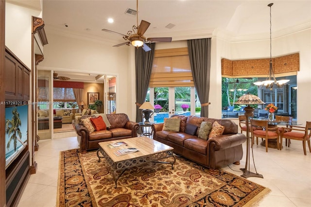 living room featuring ornamental molding, a high ceiling, and light tile patterned flooring