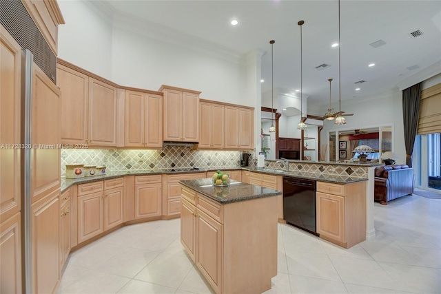 kitchen with dishwasher, hanging light fixtures, a center island, kitchen peninsula, and light brown cabinets