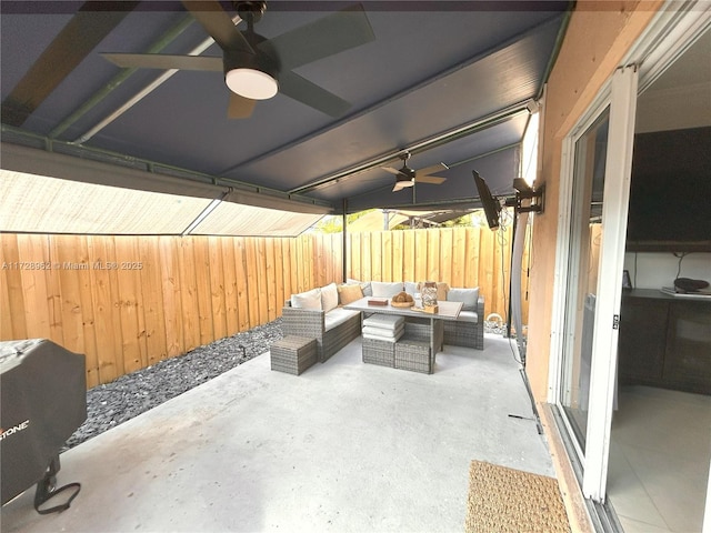 view of patio / terrace featuring ceiling fan and an outdoor hangout area