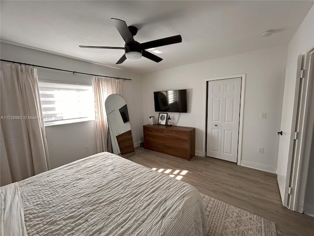 bedroom with ceiling fan, a closet, and hardwood / wood-style flooring