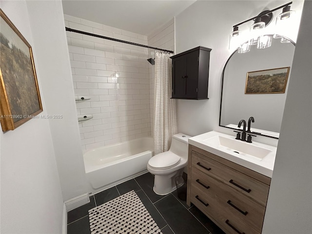 full bathroom with tile patterned floors, vanity, toilet, and shower / bath combination with curtain