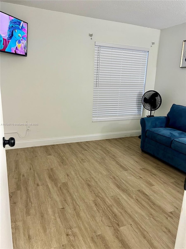 living room with light hardwood / wood-style floors and a textured ceiling