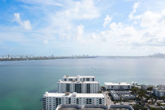 bird's eye view with a water view