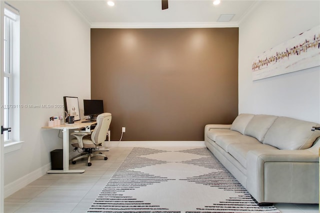 office area featuring ornamental molding and light tile patterned floors