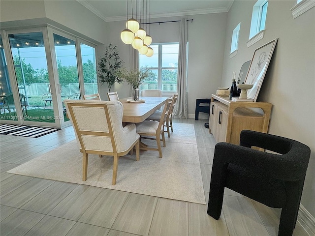 dining space featuring crown molding