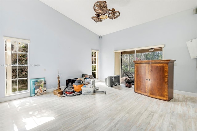 misc room with light hardwood / wood-style flooring and high vaulted ceiling