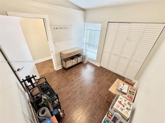 interior space with dark wood-type flooring