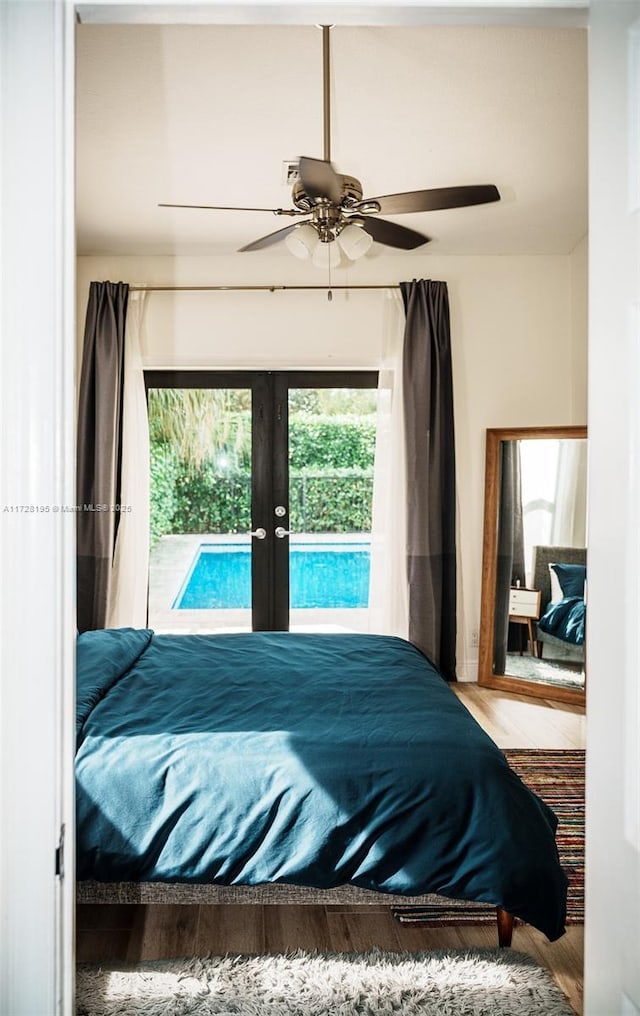 bedroom featuring ceiling fan, access to outside, and french doors