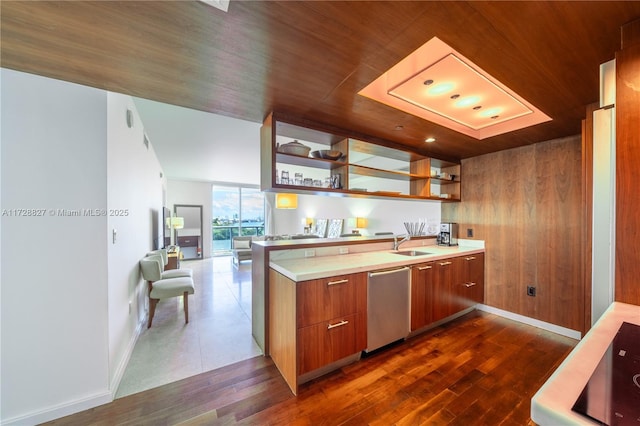 kitchen featuring dishwasher, sink, floor to ceiling windows, wooden ceiling, and dark hardwood / wood-style floors