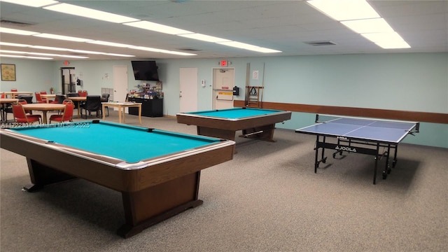 playroom with billiards and carpet flooring