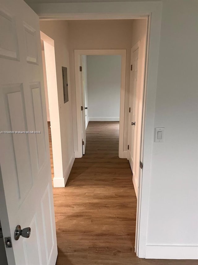 corridor with hardwood / wood-style flooring and electric panel