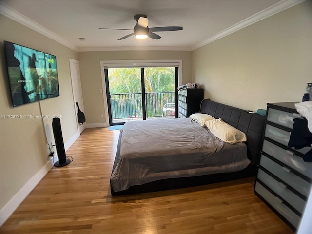 bedroom featuring wood-type flooring, access to exterior, ceiling fan, and crown molding