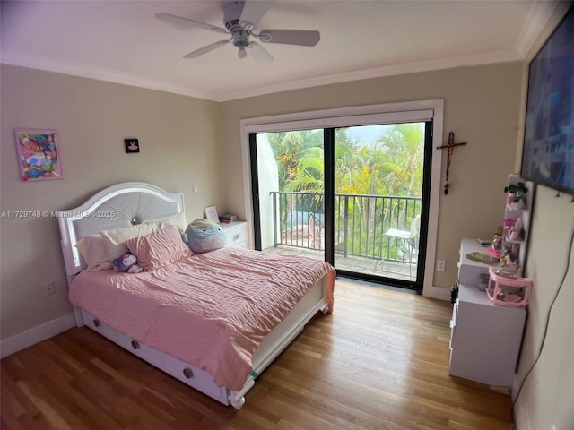 bedroom featuring ceiling fan, access to exterior, hardwood / wood-style flooring, and ornamental molding