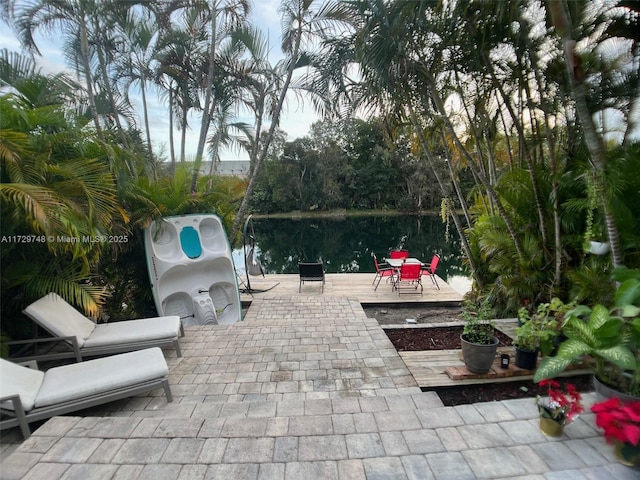 view of patio / terrace featuring a water view