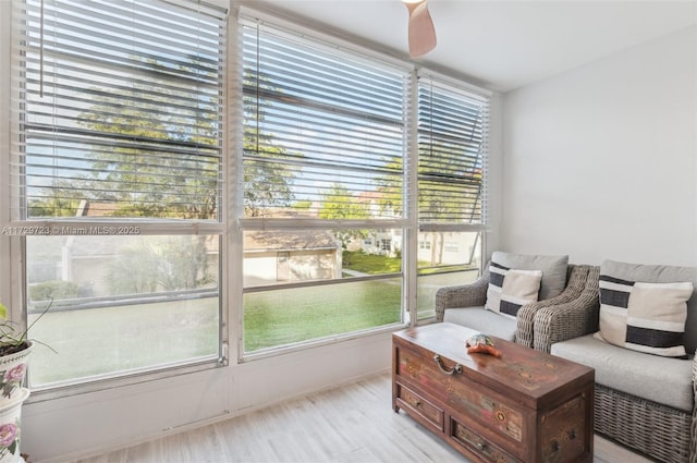 interior space with plenty of natural light, light hardwood / wood-style flooring, and ceiling fan