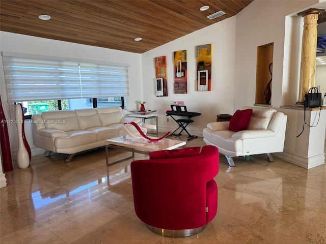 living room with lofted ceiling, ornate columns, and wood ceiling