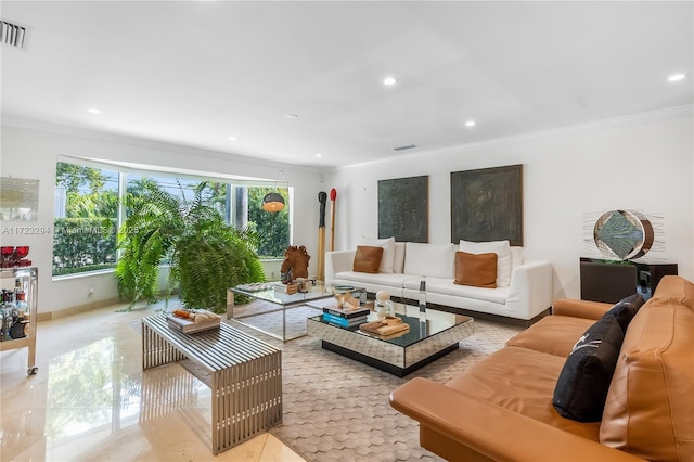 tiled living room featuring crown molding