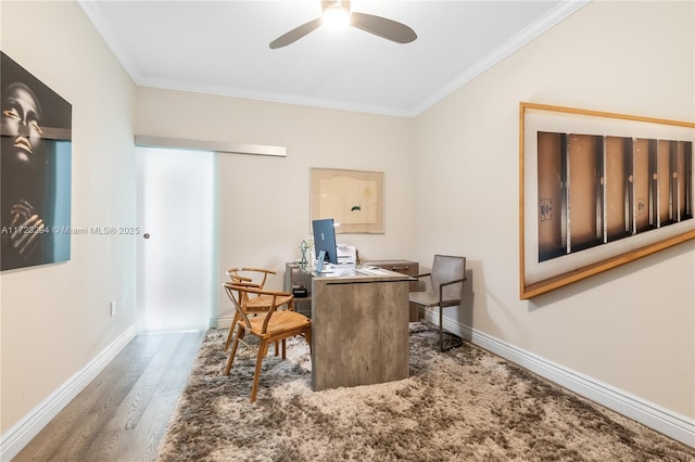 dining room featuring ceiling fan, hardwood / wood-style floors, and ornamental molding