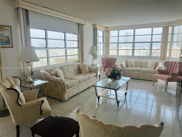 living room featuring light tile patterned floors