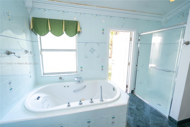 bathroom with crown molding and plus walk in shower