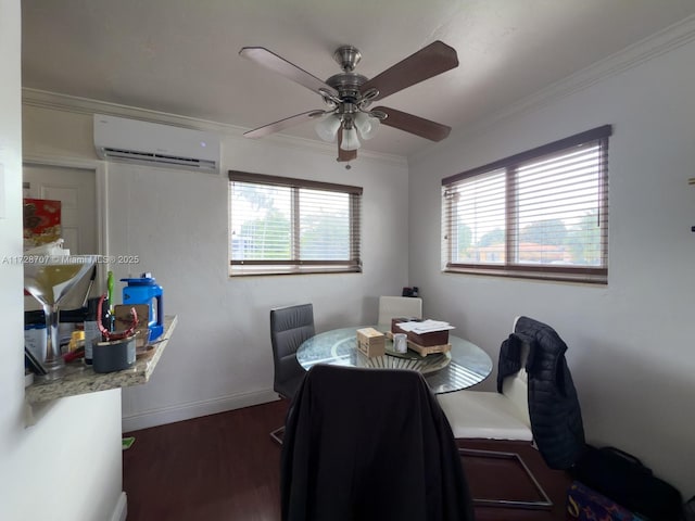 dining space with a wall mounted air conditioner, dark hardwood / wood-style floors, ceiling fan, and ornamental molding