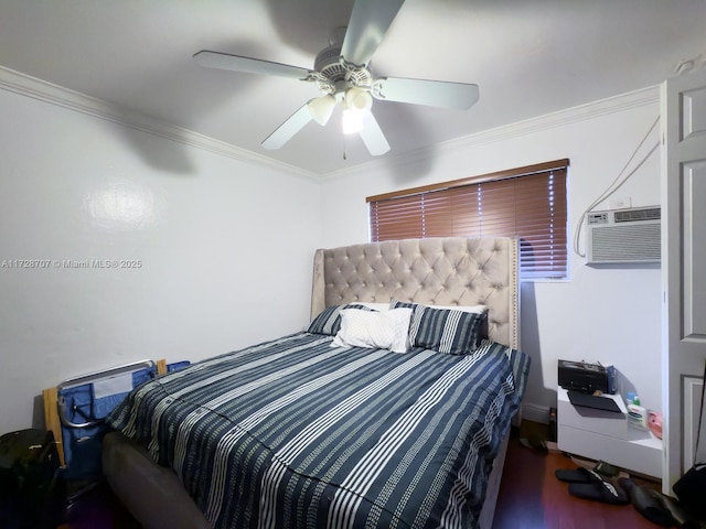 bedroom with hardwood / wood-style flooring, a wall mounted AC, ceiling fan, and ornamental molding