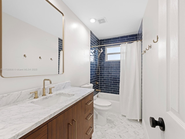 full bathroom with toilet, vanity, and shower / bathtub combination with curtain