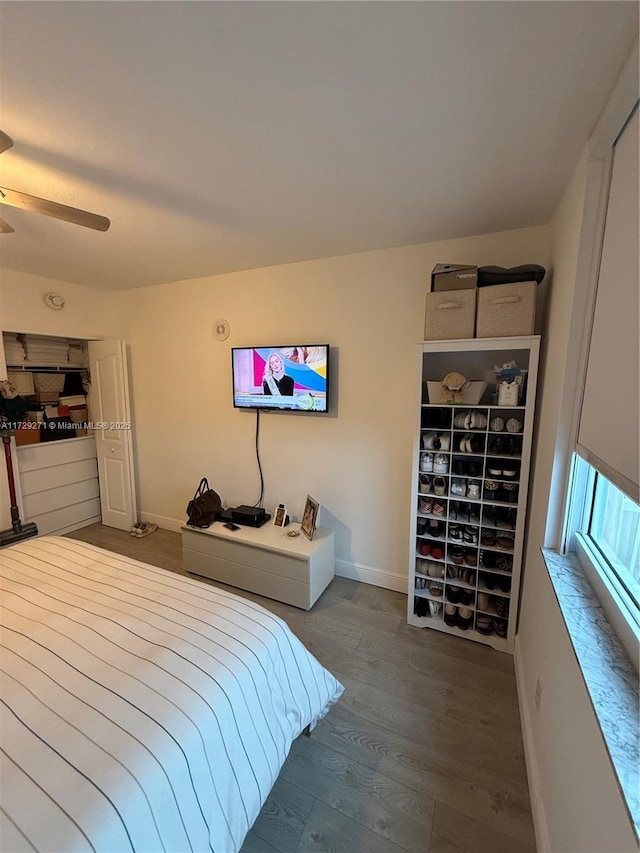 bedroom with hardwood / wood-style floors and ceiling fan