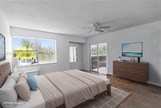 bedroom featuring access to exterior and ceiling fan