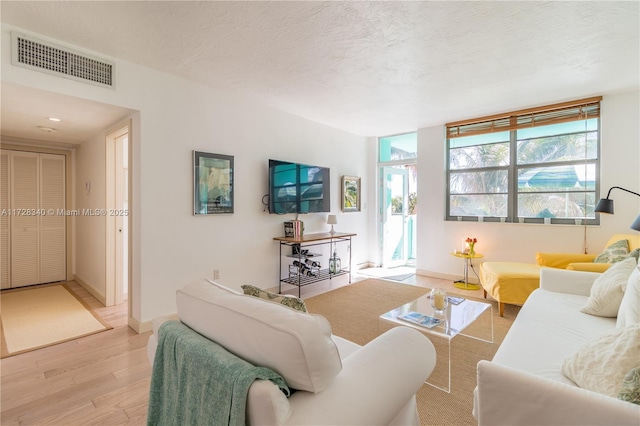 living room with light hardwood / wood-style flooring and a textured ceiling