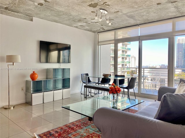 tiled living room with a healthy amount of sunlight and floor to ceiling windows