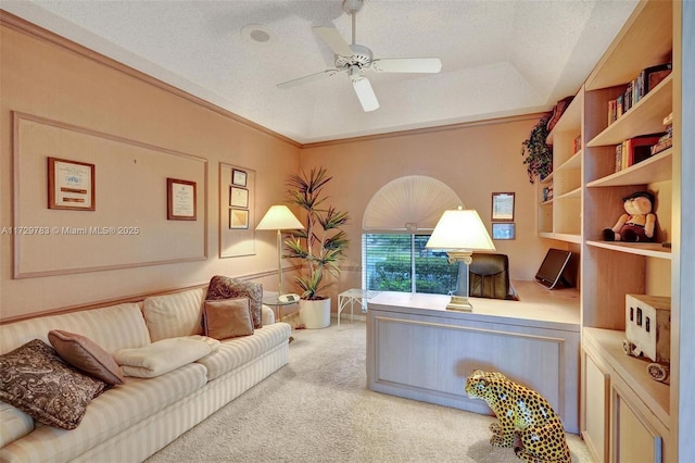 carpeted office space featuring a textured ceiling, ceiling fan, and a raised ceiling