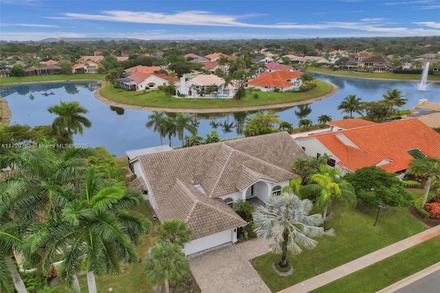 drone / aerial view featuring a water view