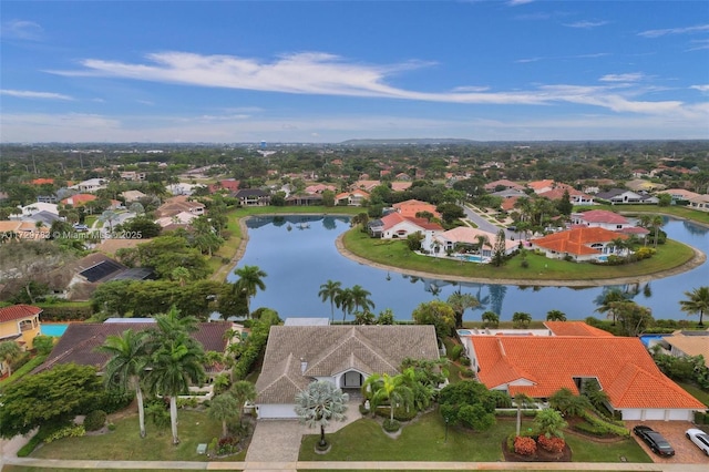 drone / aerial view featuring a water view