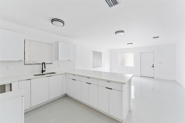 kitchen featuring sink, kitchen peninsula, and white cabinets