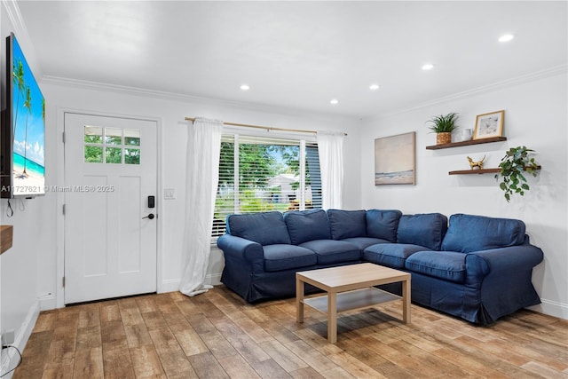 living room featuring crown molding and light hardwood / wood-style flooring