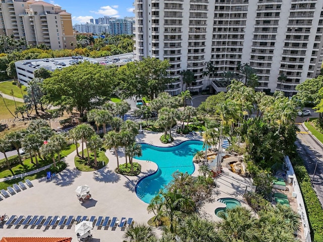 view of swimming pool featuring a patio area