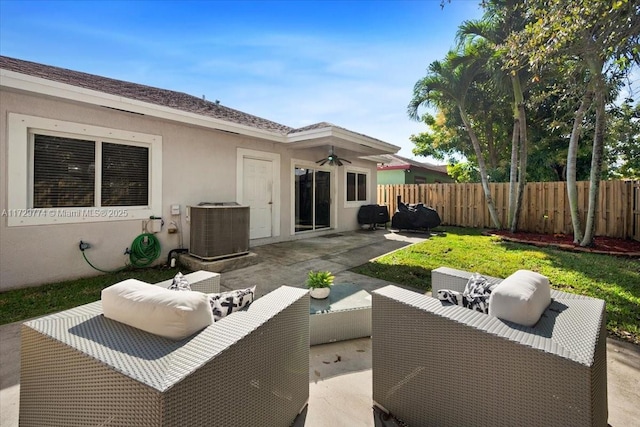 view of patio / terrace featuring ceiling fan, cooling unit, and an outdoor hangout area