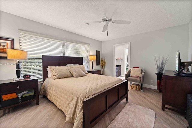 bedroom featuring light wood-type flooring, ceiling fan, ensuite bathroom, and multiple windows