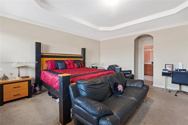 carpeted bedroom with ensuite bath and a tray ceiling