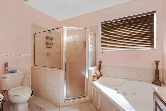 bathroom with toilet, tile patterned floors, and shower with separate bathtub